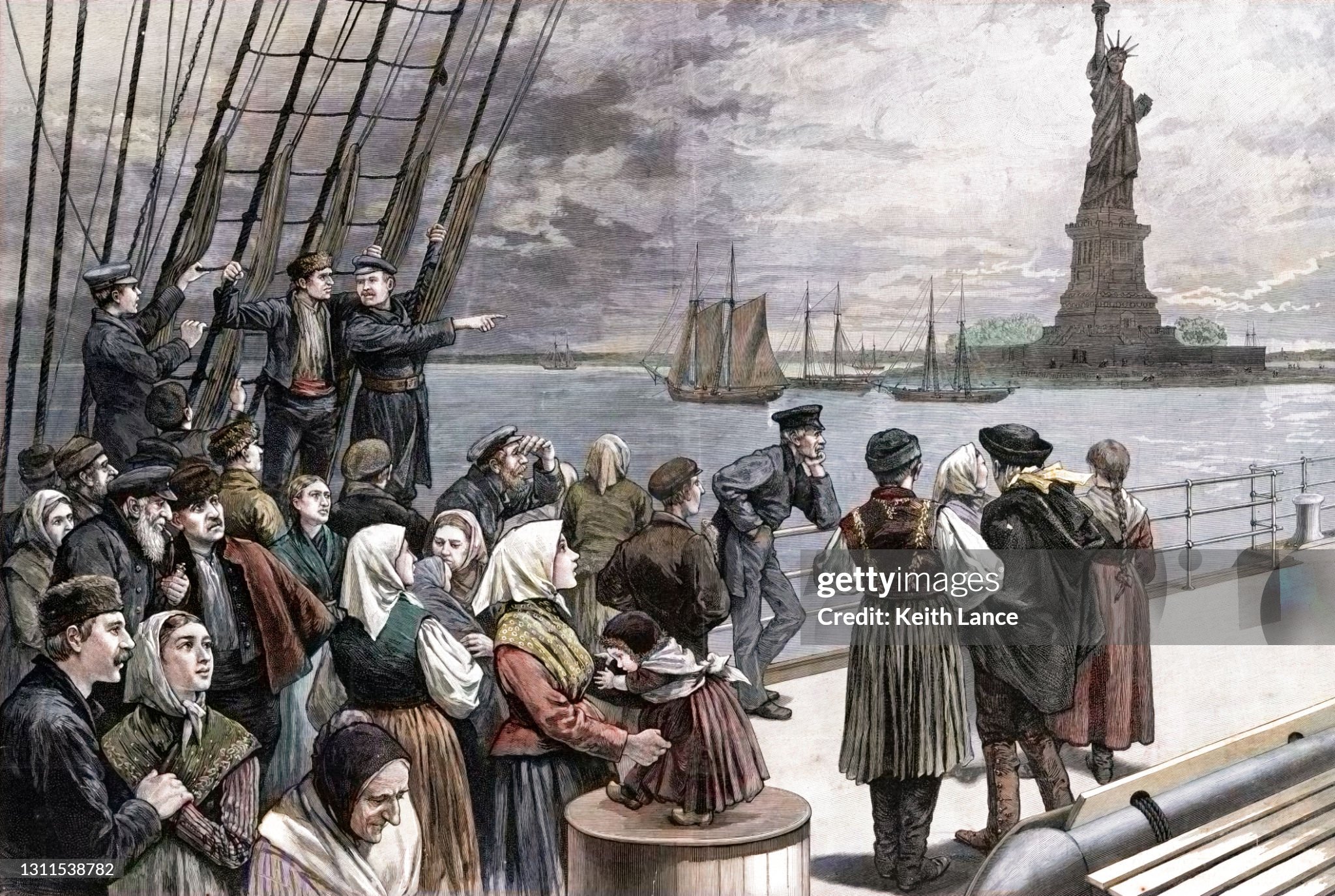 Vintage engraving features a late nineteenth century depiction of an ocean steamer of European immigrants passing the Statue of Liberty in New York harbor after crossing the Atlantic.